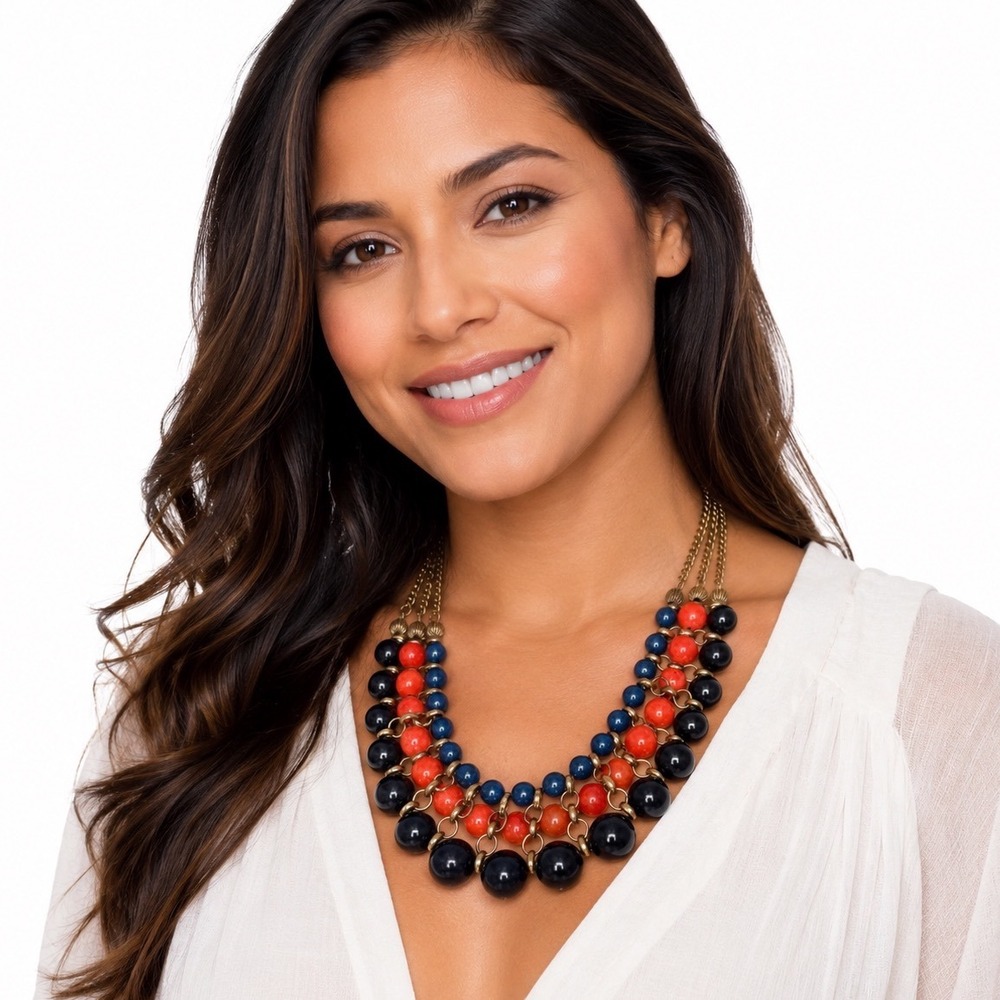 Eva Mendes NY & Co Triple Strand Bib Necklace Blue Coral Bead Gold Tone 103-192